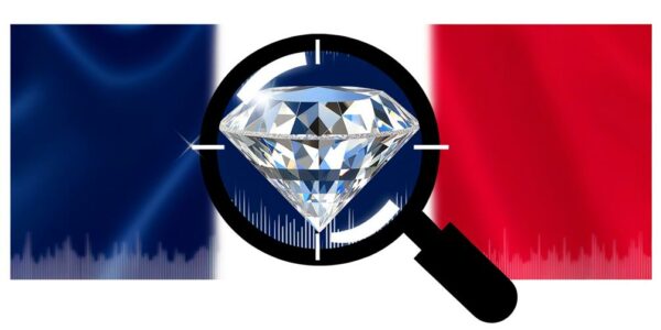 French Flag Overlaid With A Diamond And Magnifying Glass. Illustrates The France Says Lab-Grown Diamonds Are Synthetic Diamonds.