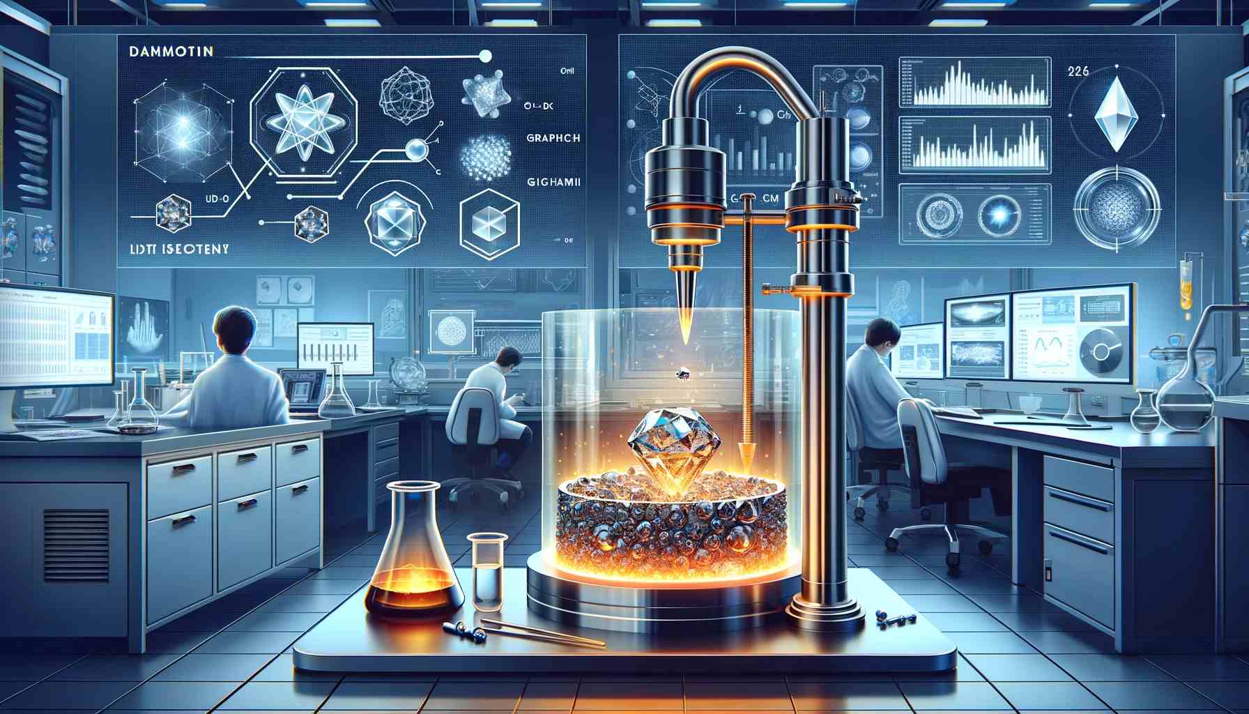 A Modern Laboratory Setting Where Scientists Are Observing The Growth Of Diamonds Within A Liquid Metal Alloy, With All The Described Elements Present, Creating A Revolution In Lab Diamond Growth.