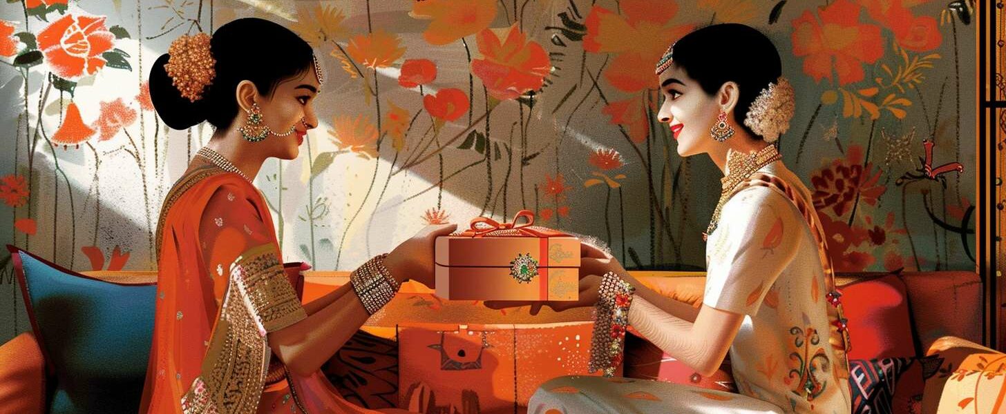 A Joyful Sister Receiving A Beautifully Wrapped Gift Box Containing Elegant Diamond Jewellery From Her Brother On Raksha Bandhan 2024, With Traditional Indian Festive Decorations In The Background, Capturing The Essence Of Love, Celebration, And The Special Bond Between Siblings.