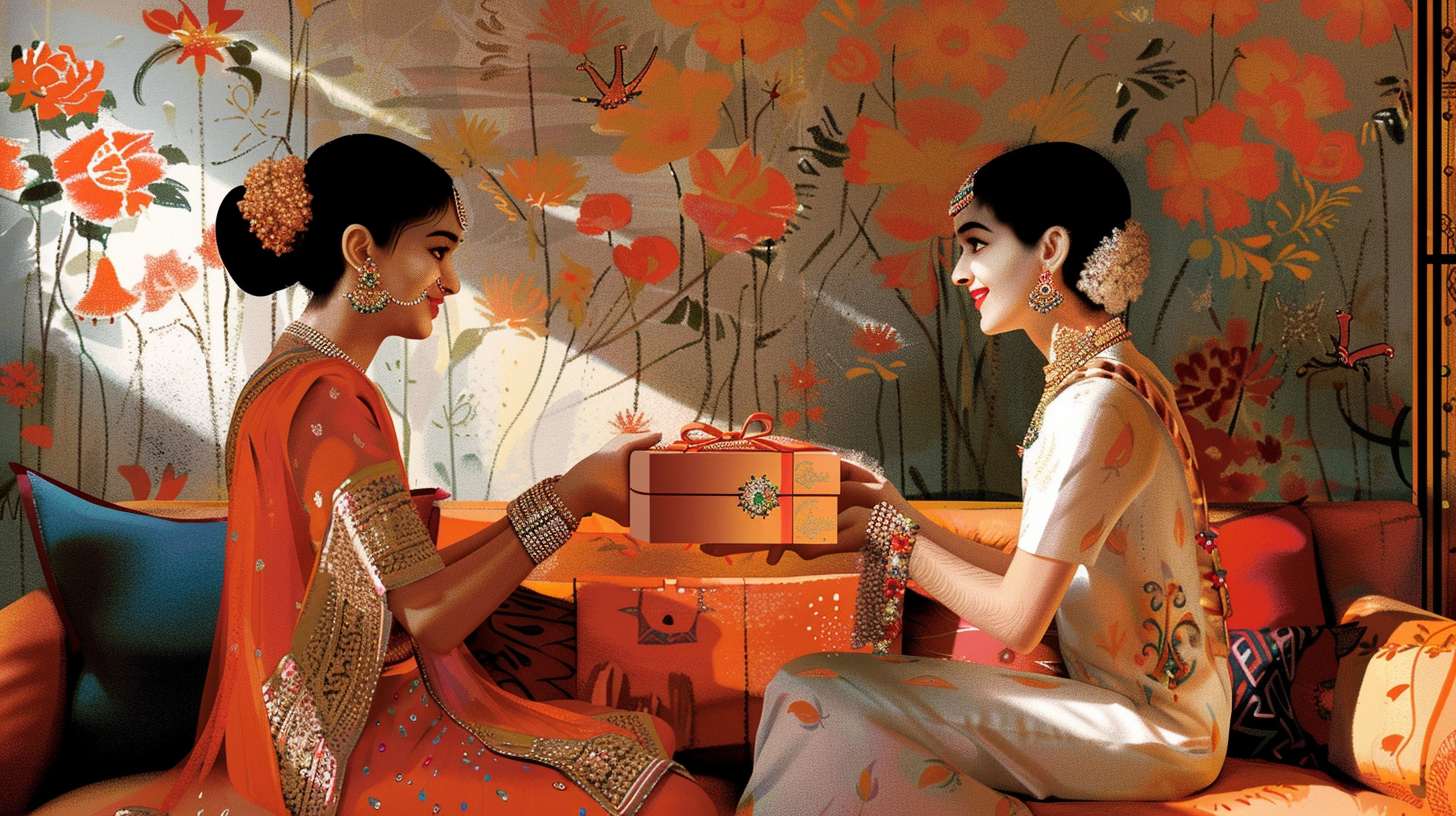 A Joyful Sister Receiving A Beautifully Wrapped Gift Box Containing Elegant Diamond Jewellery From Her Brother On Raksha Bandhan 2024, With Traditional Indian Festive Decorations In The Background, Capturing The Essence Of Love, Celebration, And The Special Bond Between Siblings.