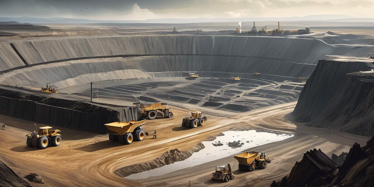 Alrosa Diamond Mine Under Gray Skies. A Vast, Open Pit Gapes In The Foreground, Surrounded By Heavy Machinery At A Standstill. The Distant Horizon Bleakly Merges With The Overcast Sky, Hinting At The Uncertainty Of The Future For Both The Mine And Its Workers.