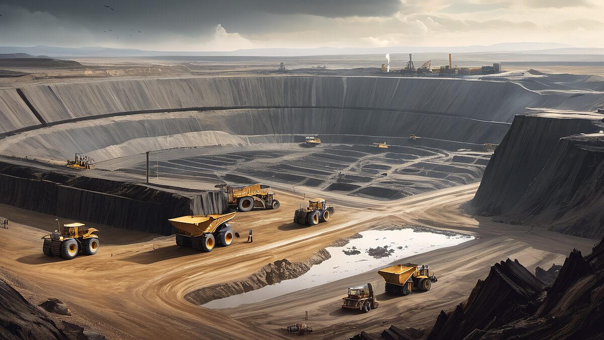 Alrosa Diamond Mine Under Gray Skies. A Vast, Open Pit Gapes In The Foreground, Surrounded By Heavy Machinery At A Standstill. The Distant Horizon Bleakly Merges With The Overcast Sky, Hinting At The Uncertainty Of The Future For Both The Mine And Its Workers.