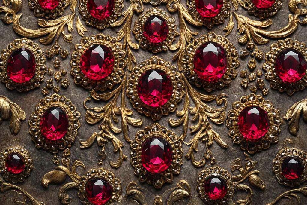 A High-Resolution Photograph Captures A Stunning Display Of Garnet Stones, Intricately Arranged Against A Backdrop Reminiscent Of Renaissance Art. The Deep, Rich Reds Of The Garnets Contrast Beautifully With The Ornate Golden Filigree And Delicate Lace Patterns Surrounding Them.