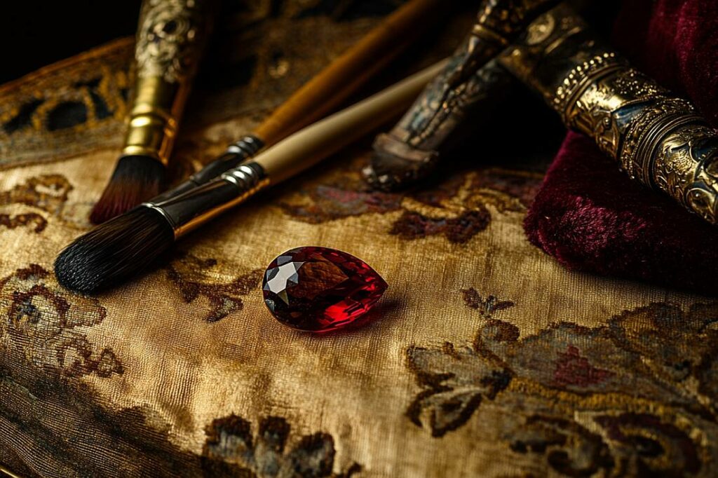 A Stunning Close-Up Captures A Radiant Garnet, Its Deep Red Hues Glowing Under Soft Museum Lighting. The Gem Rests On An Ornate, Gold-Leafed Velvet Cushion, Surrounded By Renaissance-Era Pigments And Brushes. In The Background, A Faded Tapestry Showcases Intricate Patterns, Echoing The Garnet'S Rich Tones. The Photograph Highlights The Interplay Of Light And Shadow, Emphasizing The Garnet'S Role In Influencing The Vivid, Warm Palette Of Renaissance Art.