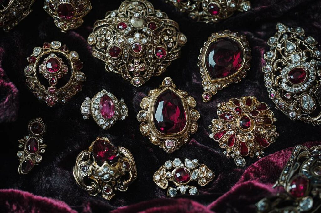 The Photograph Captures A Collection Of Garnet Gemstones Transformed Into Exquisite Renaissance Jewelry. Rich, Deep Reds Shimmer With An Inner Fire, Surrounded By Intricate Gold Filigree And Delicate Enamel Work. 